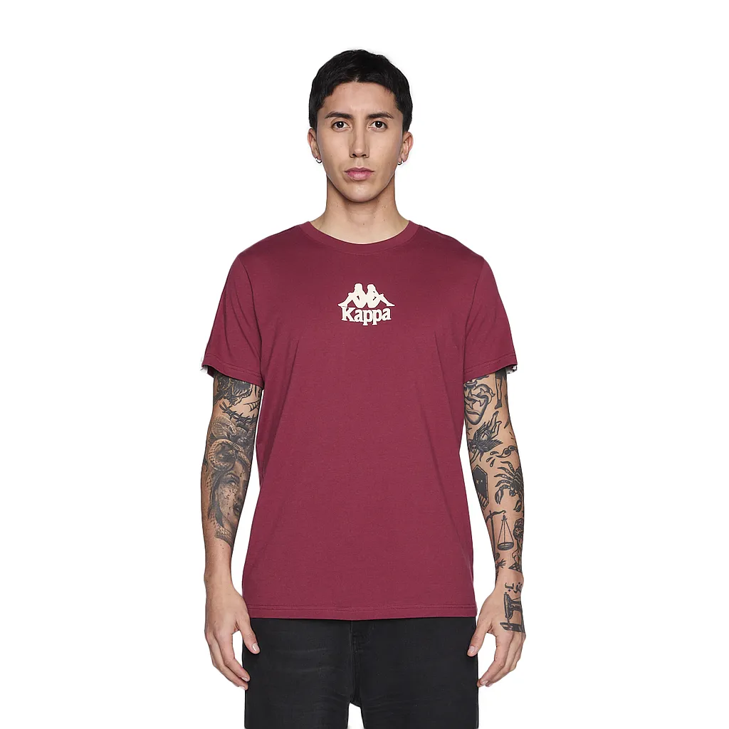 Polera Kappa Hombre Banda Burgundy Logo Front White