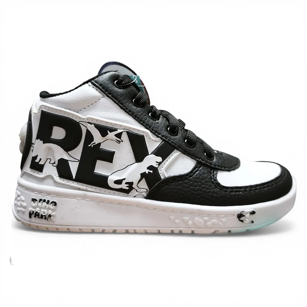 Zapatilla Niño DR128 Caña Alta Blanco Negro Dino Park