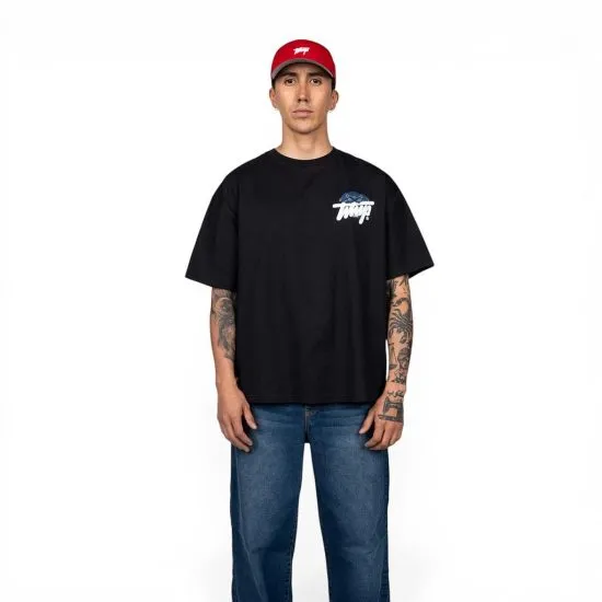 Polera Oversize Hombre Negra Estampa Pecho Whatup