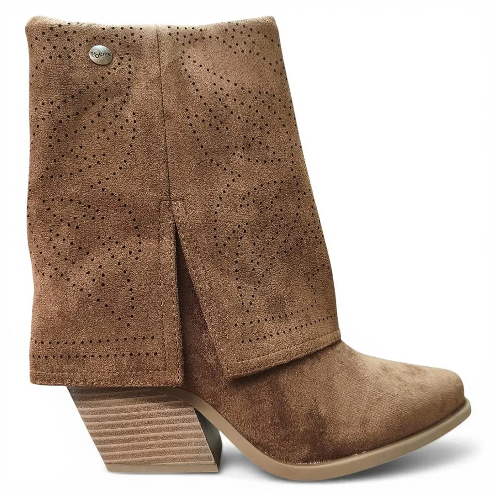 Botin Mujer Brown Microfibra Perforada Taco Medio Poeme