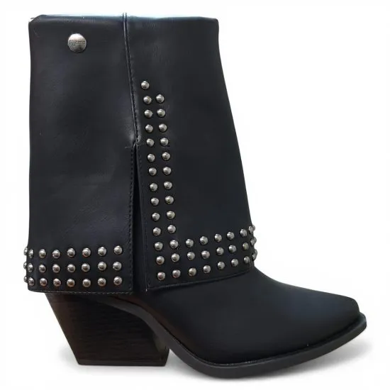 Botin Mujer Negro Sintetico Tachas Taco Medio Poeme