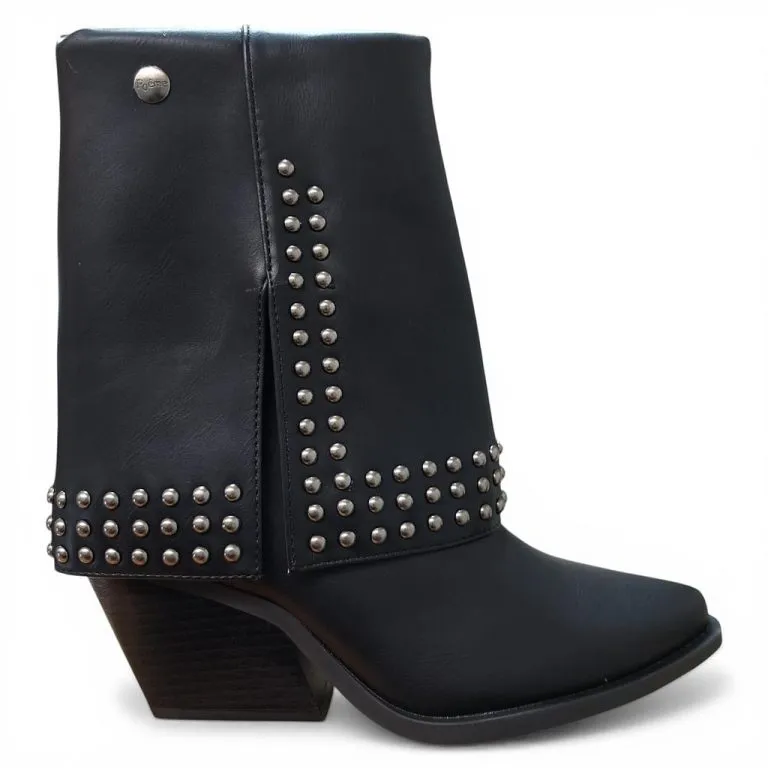 Botin Mujer Negro Sintetico Tachas Taco Medio Poeme