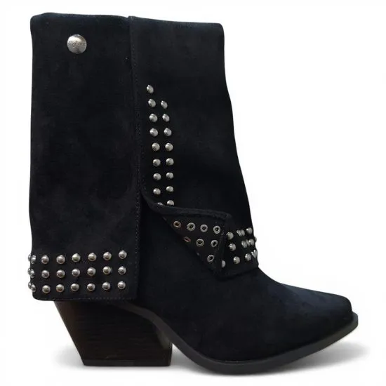 Botin Mujer Negro Tachas Microfibra Taco Medio Poeme