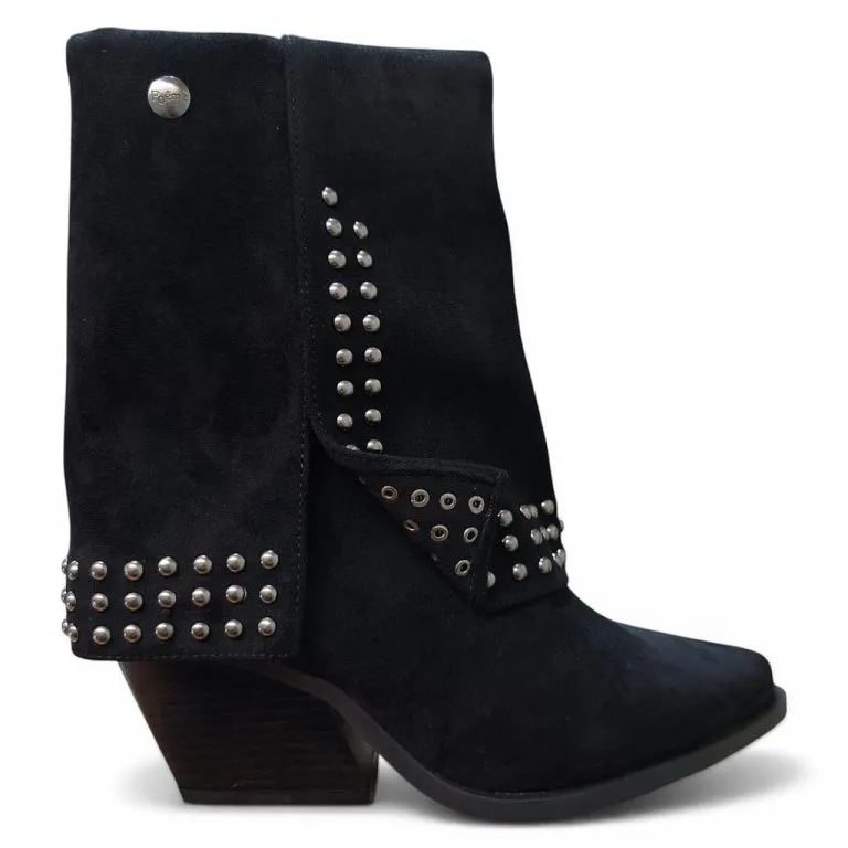 Botin Mujer Negro Tachas Microfibra Taco Medio Poeme