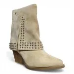 Botin Mujer Tachas Beige Microfibra Taco Medio Estilo Western Poeme