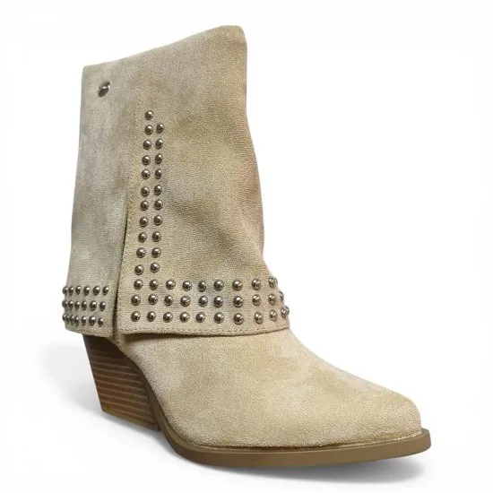 Botin Mujer Tachas Beige Microfibra Taco Medio Estilo Western Poeme