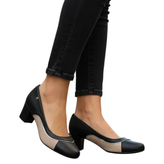 Zapato Mujer Taco Medio Negro Beige Elegante Piccadilly - Imagen 6