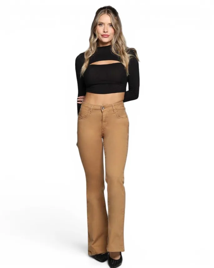 Jeans Elle Cafe Claro Cintura Flare Mohicano