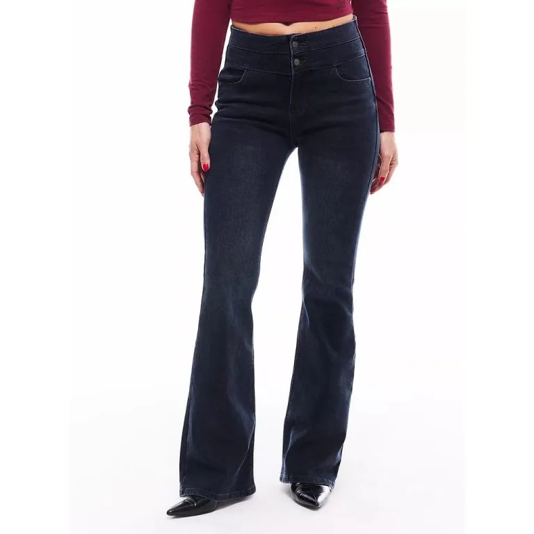 Jeans Flare Push Up con Pretina con Cortes Lavado Sulfúr JJO