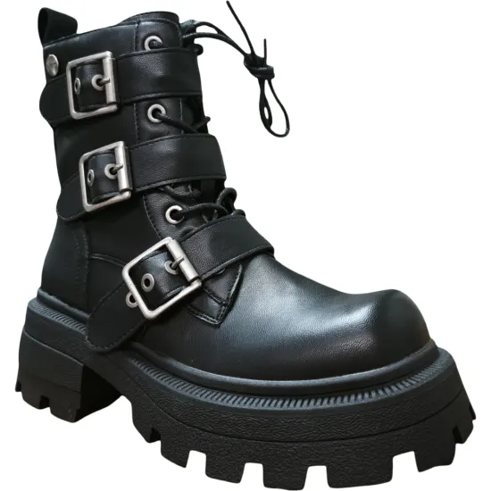 Botín Biker Negro Mujer con Hebillas Poeme - Imagen 5