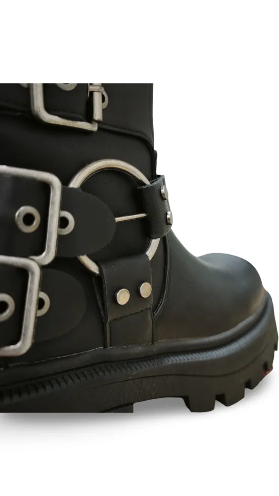 Bota Urbana Ecocuero Negro 4 Hebillas Mujer Poeme - Imagen 3