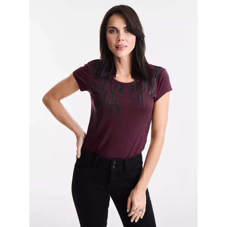 Polera Mujer Ajustada Morado Oscuro Detalle Brillo JJO