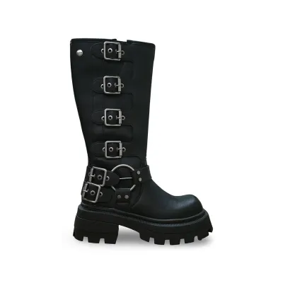 Bota Urbana Ecocuero Negro 4 Hebillas Mujer Poeme