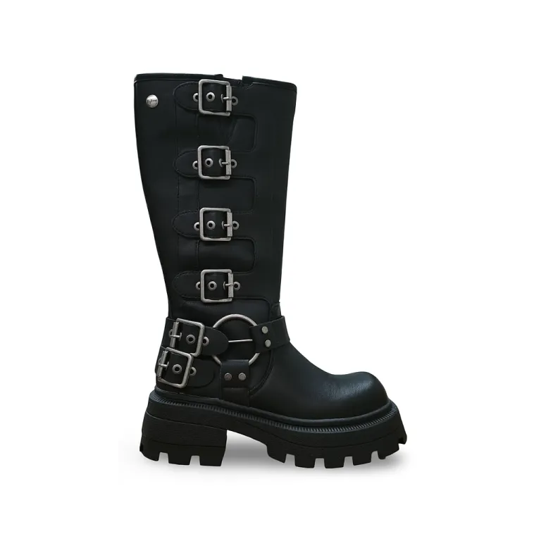 Bota Urbana Ecocuero Negro 4 Hebillas Mujer Poeme