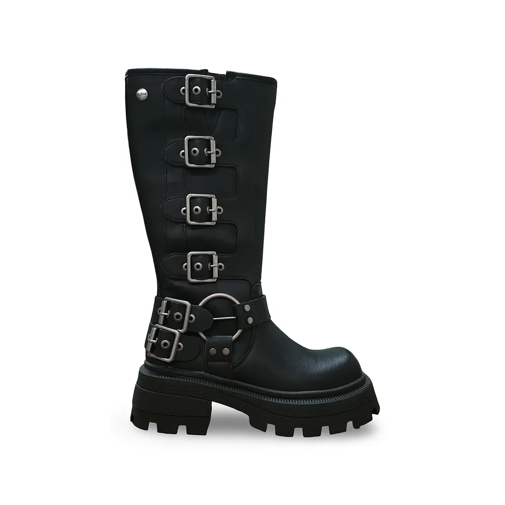 Bota Urbana Ecocuero Negro 4 Hebillas Mujer Poeme