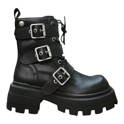 Botín Biker Negro Mujer con Hebillas Poeme