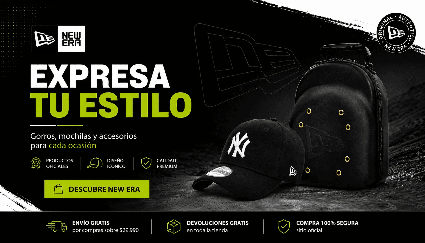 Banner New Era con gorras, mochilas y accesorios originales disponibles en Albasini Chile