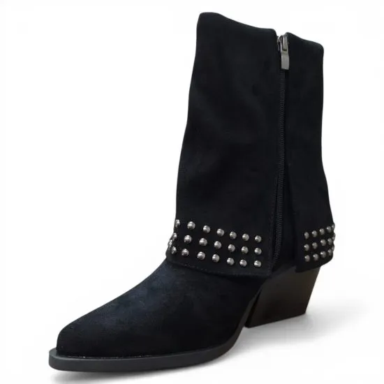 Botin Mujer Negro Tachas Microfibra Taco Medio Poeme - Imagen 7