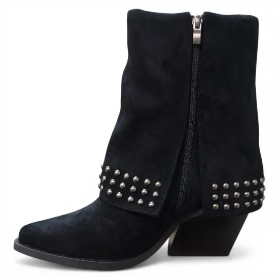 Botin Mujer Negro Tachas Microfibra Taco Medio Poeme - Imagen 10