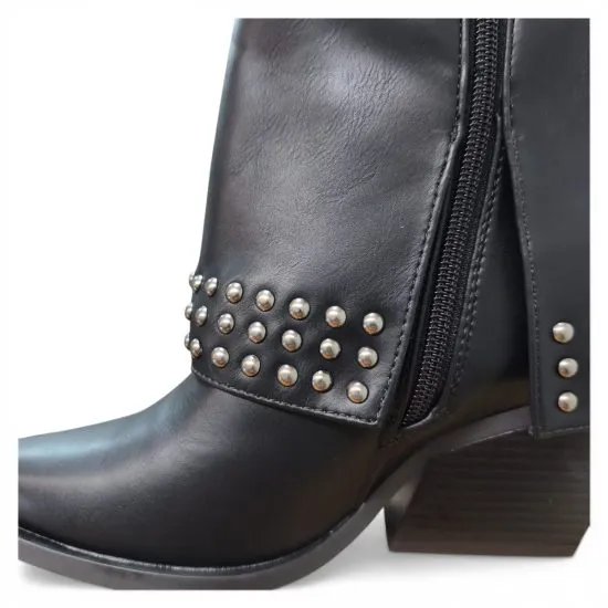 Botin Mujer Negro Sintetico Tachas Taco Medio Poeme - Imagen 4