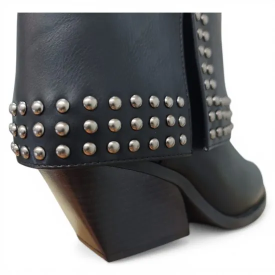 Botin Mujer Negro Sintetico Tachas Taco Medio Poeme - Imagen 6