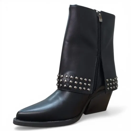 Botin Mujer Negro Sintetico Tachas Taco Medio Poeme - Imagen 9