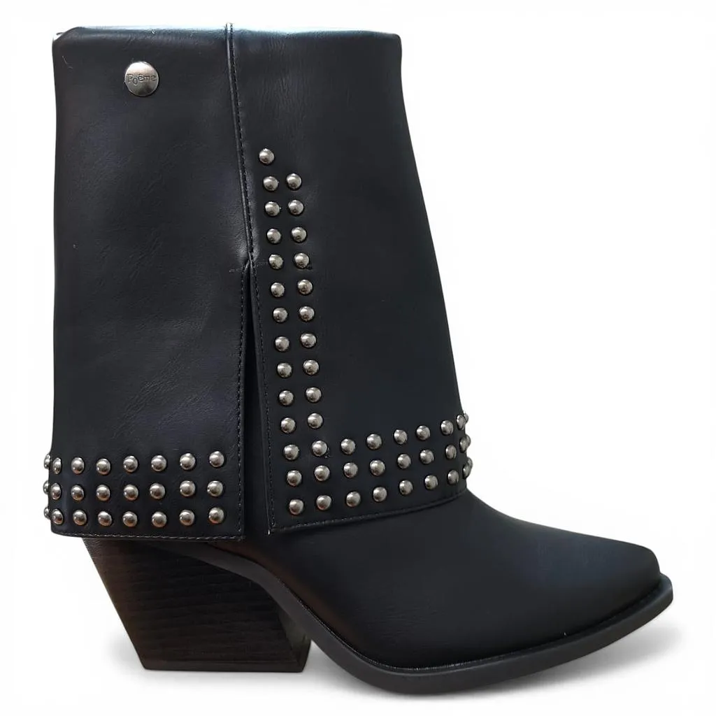 Botin Mujer Negro Sintetico Tachas Taco Medio Poeme