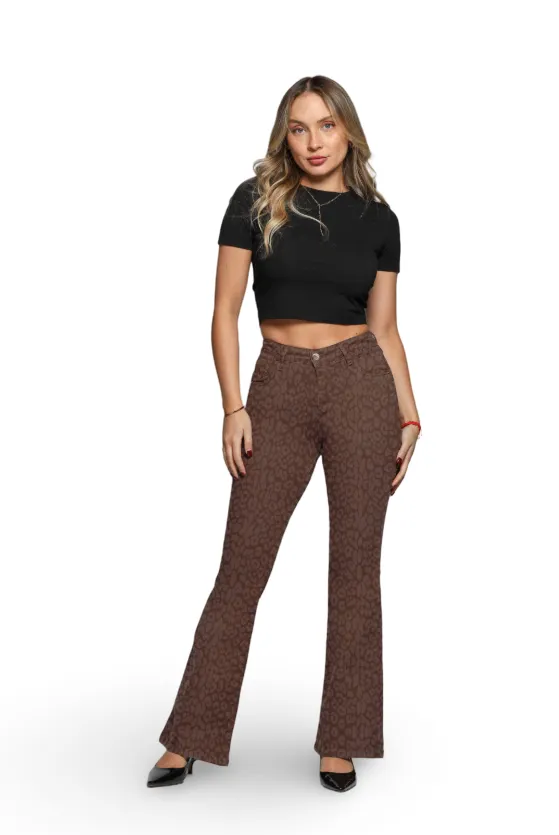 Jeans Mujer Flare Animal Print Café Mohicano
