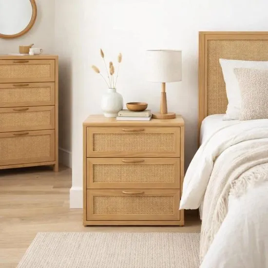 Velador Calma Rattan De Madera Clara Con Cajones Klik - Imagen 2