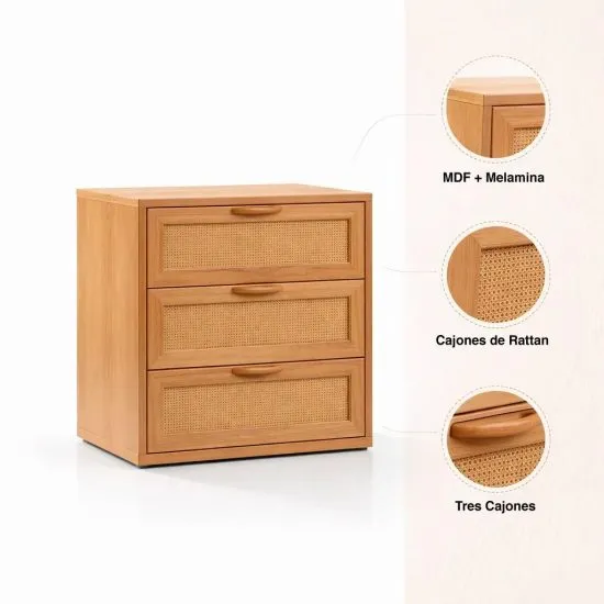 Velador Calma Rattan De Madera Clara Con Cajones Klik - Imagen 3