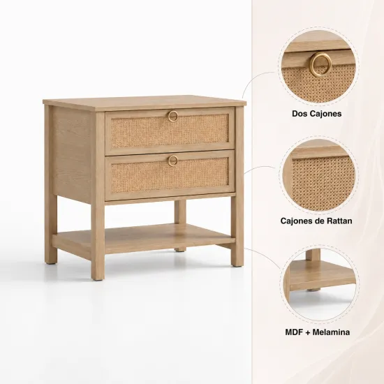 Velador Duna Rattan Ancho Con Cajones De Ratan Klik - Imagen 4