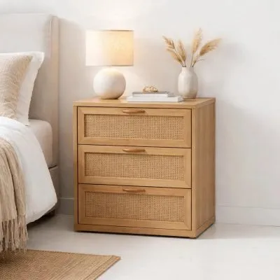Velador Calma Rattan De Madera Clara Con Cajones Klik
