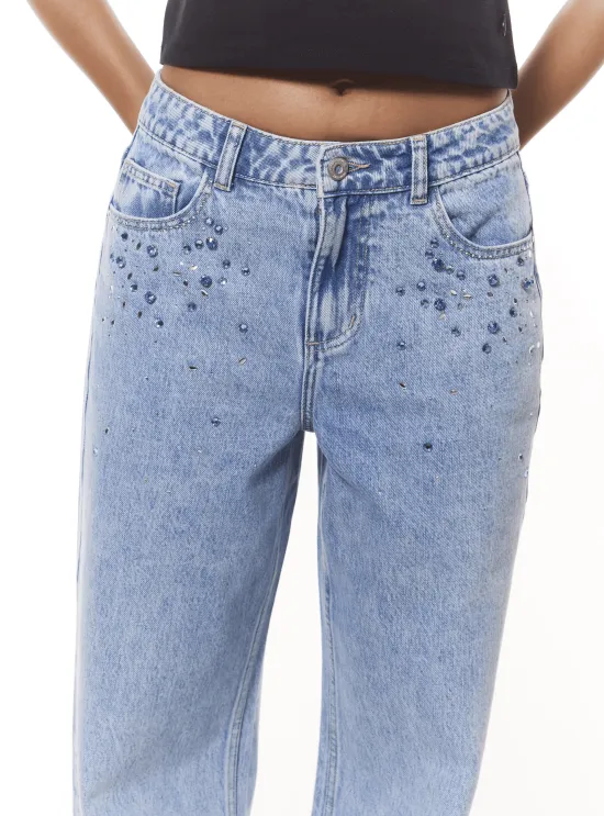 Jeans Mujer Wide Leg Pedrería Celeste JJO - Imagen 3