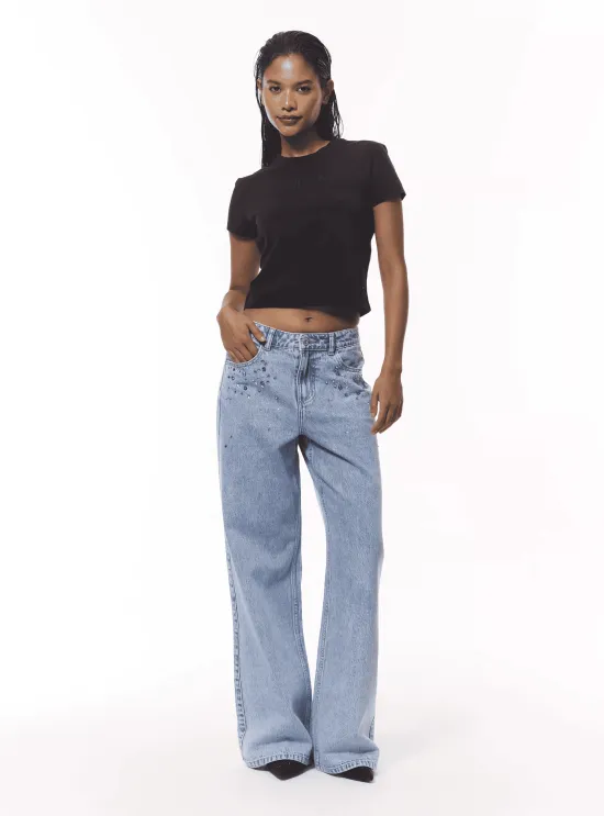 Jeans Mujer Wide Leg Pedrería Celeste JJO - Imagen 5