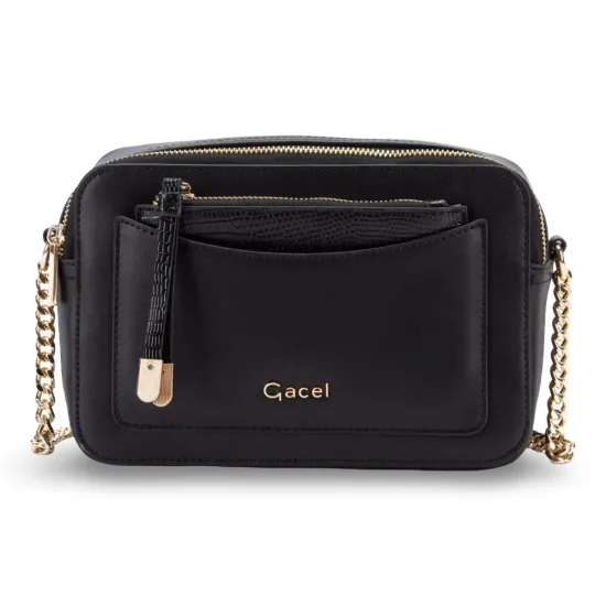 Cartera Bandolera Grande Cuero Sintetico Negro CAR3301 Gacel