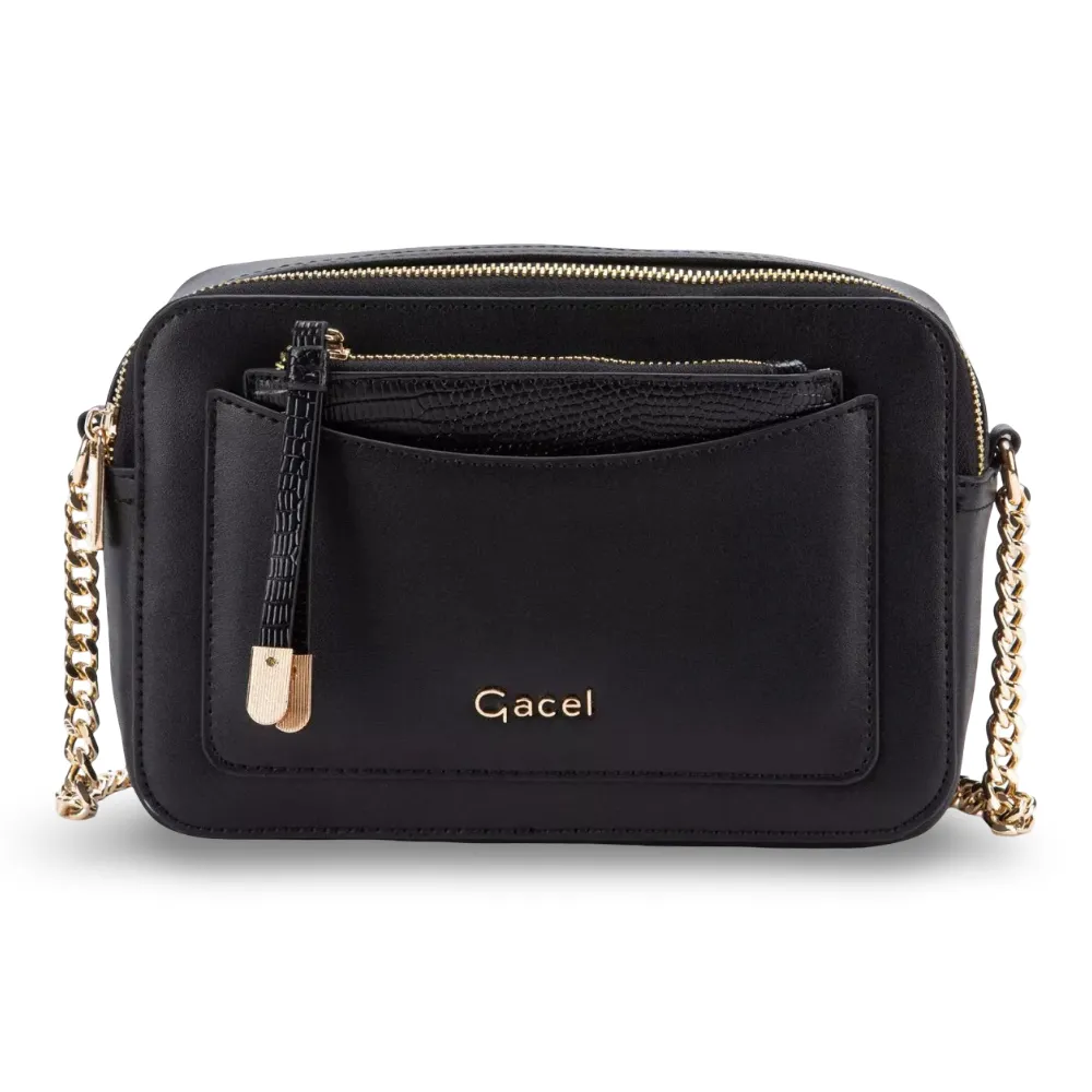 Cartera Bandolera Grande Cuero Sintetico Negro CAR3301 Gacel