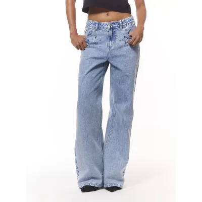 Jeans Mujer Wide Leg Pedrería Celeste JJO