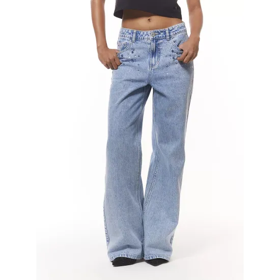 Jeans Mujer Wide Leg Pedrería Celeste JJO